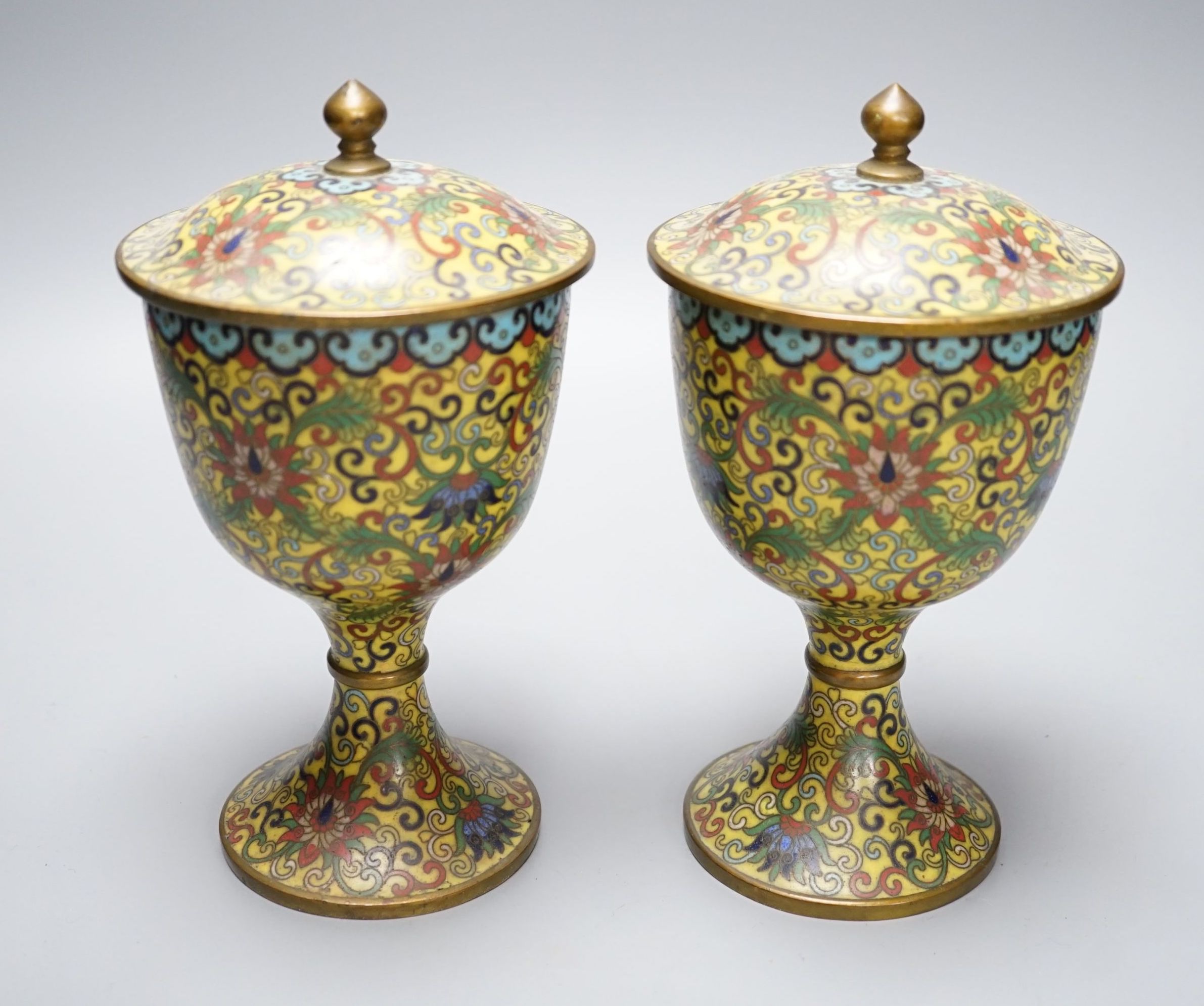 A pair of decorative cloisonné goblets and covers - 22.5cm high